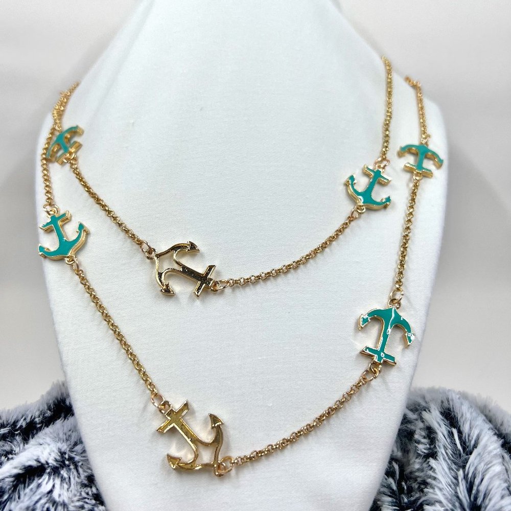 Gold Tone 44” Chain Necklace with Turquoise Enameled Anchors